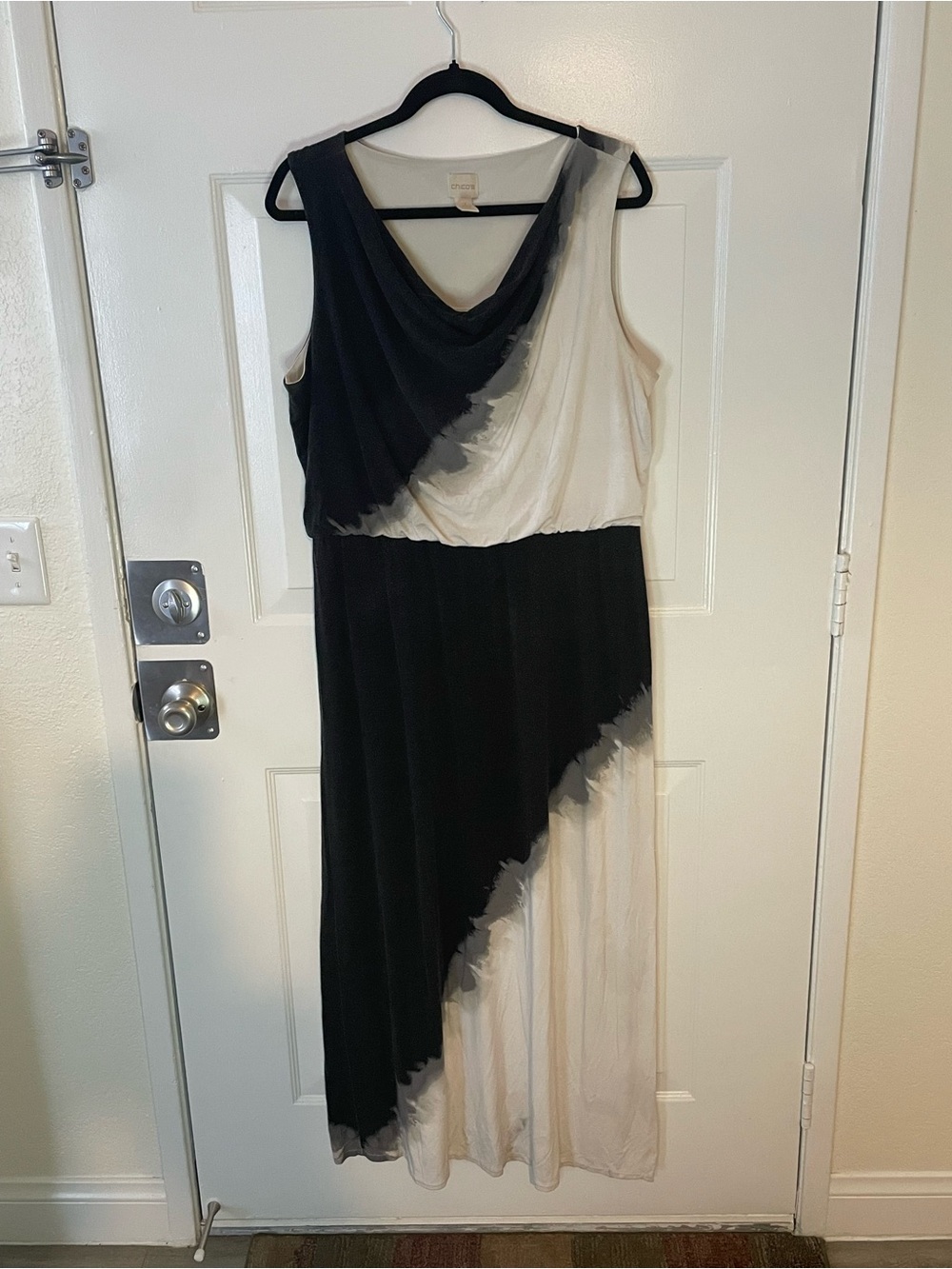 Chico's Black and Cream Draped Colorblock Maxi Dress